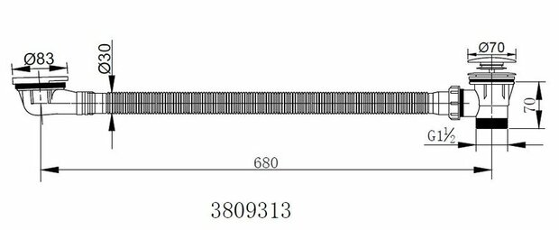 Stalen afvoerbuis met flexibele schroefverbinding en maatindicatingramen, zwart met een chrome afwerking.