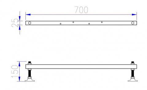 Technische tekening van een metalen rek, wit met zwarte poten, afmetingen 700x25x150 mm, met vier bevestigingsgaten.