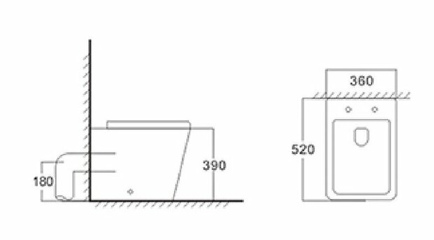 Wit keramisch toilet met afmetingen en pijlen, getekend in technische stijl. Compakte, moderne vormgeving.