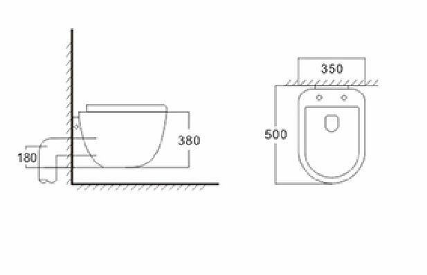 Witte wandcloset met een L-vormige afvoerpijp, afmetingen en aanzichttekening in zwart-wit.