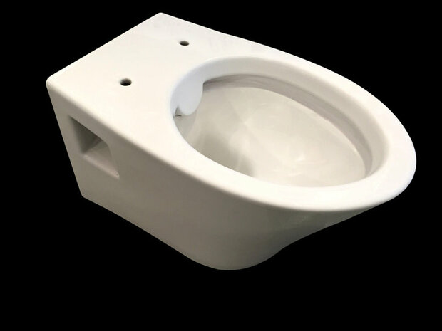 Witte toiletpot van keramiek met een moderne ronde vorm en een gladde afwerking, geplaatst op een zwarte achtergrond.