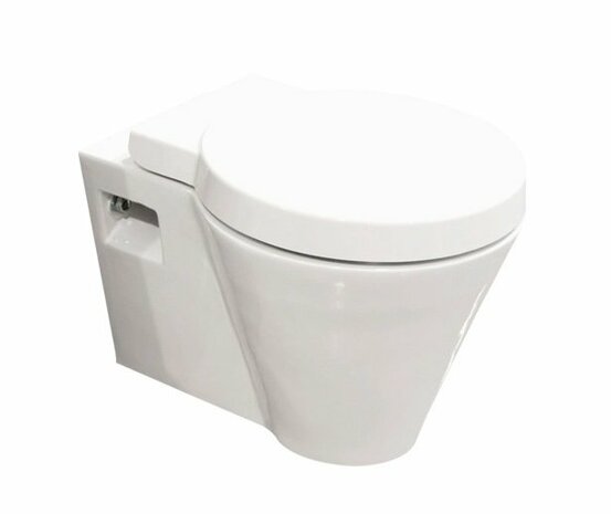 Witte wandhangende toiletpot met een afgeronde zitting en strakke, minimalistische vormgeving.