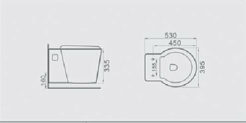 Een witte wandcloset met ronde toiletbril, geschetst met afmetingen in zwart op een lichte achtergrond.