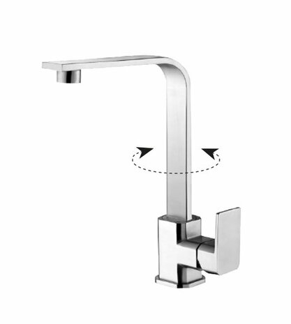 Kraan met een strakke, moderne vormgeving en een rechthoekige uitloop die draaibaar is. Hoogglans chroomafwerking.