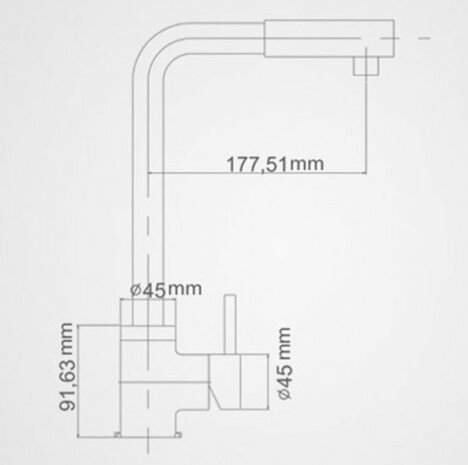 Lichtgrijze technische tekening van een rechte keukenkraan met afmetingen en merktekens.