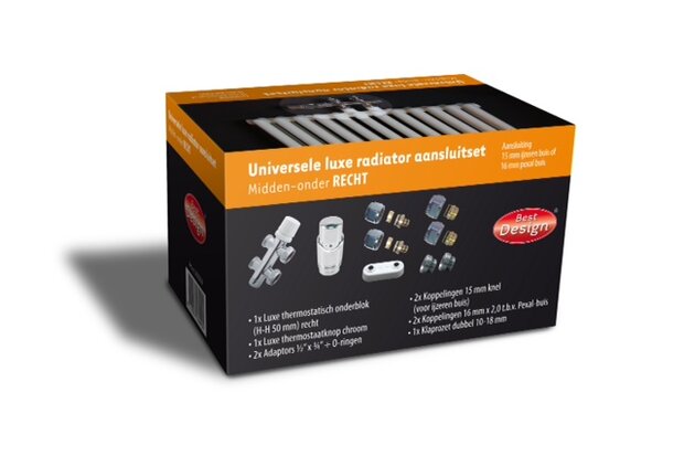 Zwarte doos met een afbeelding van een verzilverd radiatoraansluitstuk en verschillende aansluitaccessoires.