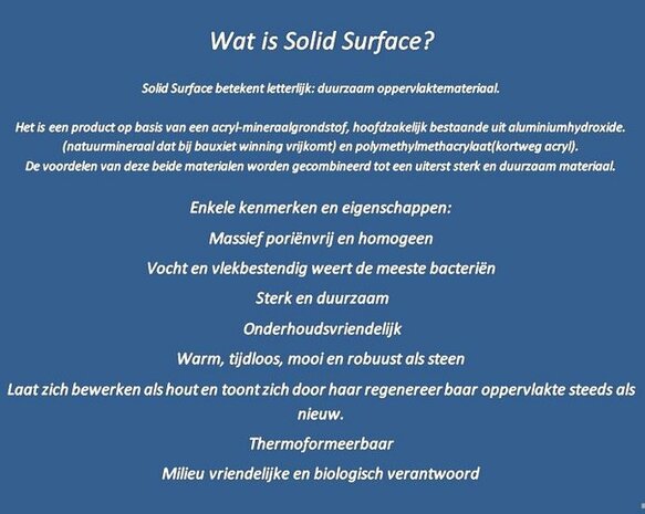 Blauwe achtergrond met witte tekst over het Solid Surface materiaal, inclusief kenmerken en voordelen van de stof.