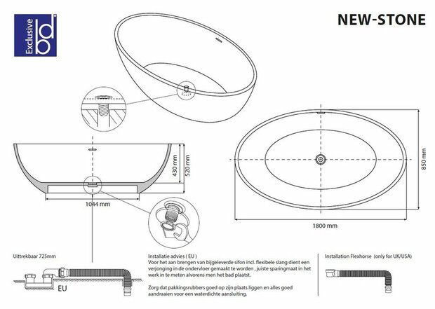 Witte, ovale badkuip van acryl met zwarte rand, voorzien van installatierichtlijnen en technische afmetingen in een duidelijke layout.