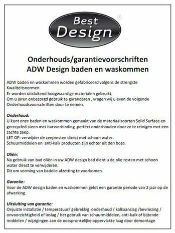 Een informatieve pagina met zwart-witte tekst en het logo van 'Best Design', gericht op onderhouds- en garantievoorschriften.