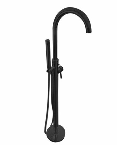 Zwarte vrijstaande badkraan met een hoge, gebogen uitloop en een handdouche aan een flexibele slang.