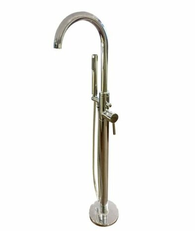 Glanzende, metalen keukenkraan met een gebogen tuit en een moderne design, voorzien van een handvat aan de zijkant.