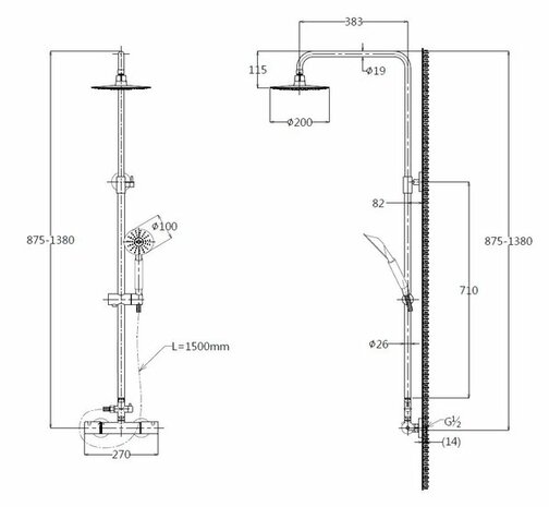 Technische tekening van een douchesysteem met zwarte en chromen onderdelen. Links een tl;dr van de afmetingen en details.