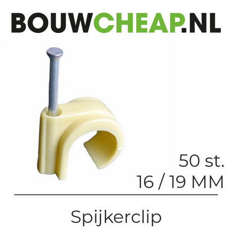Gele spijkerclip met een metalen spijker, geschikt voor buizen van 16/19 mm; verpakking van 50 stuks.