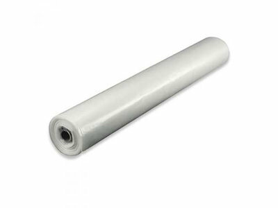 Witte rol plastic folie met een stevige afwerking, gepresenteerd in een rechte, verticale positie.