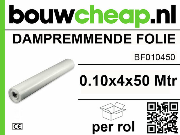 Dampremmende folie in helderwit, verpakt op een rol met afmetingen van 0.10x4x50 meter en een merklogo van Bouwcheap.