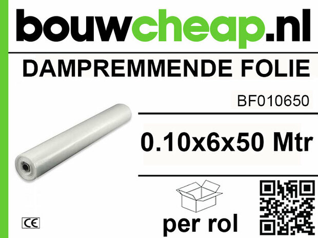 Witte, dunne dampremmende folie op een rol, met groene tekst en logo van Bouwcheap, met een barcode onderaan.