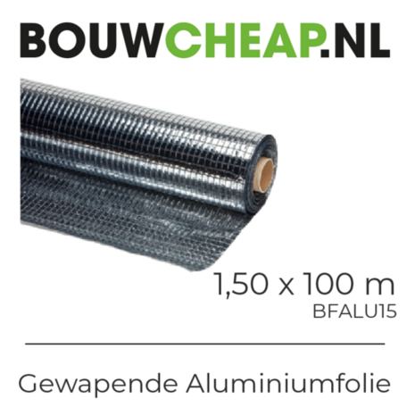 Gewapende aluminiumfolie in rol van 1,50 x 100 m, met een glanzende, metallic uitstraling en een gaasstructuur.