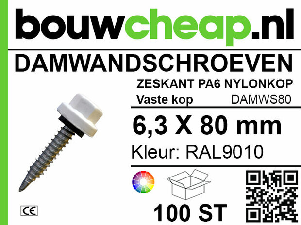 Schroeven met nylon kop, zeskant en een lengte van 80 mm, in een verpakking van 100 stuks. Kleur: RAL9010.