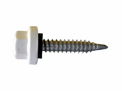 Witte schroef met een scherpe punt en gegroefde metalen schacht, voorzien van een opvallende witte kunststof onderzijde.