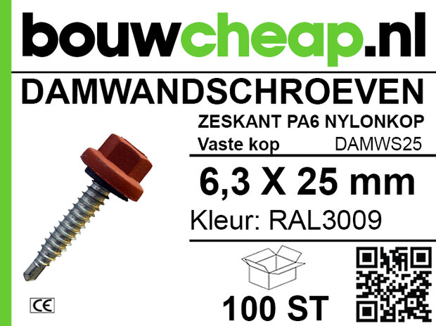 Rode nylonkop schroef met een zeshoekige kop, draad en afmetingen van 6,3 x 25 mm, verpakt in een doos met 100 stuks.