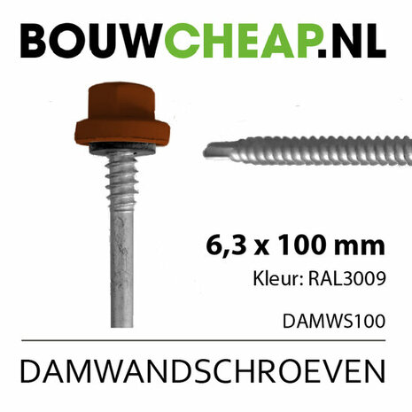 Zilvergrijze damwandschroef met oranje koppeling, 6,3 x 100 mm, met RAL3009 kleurindicatie.
