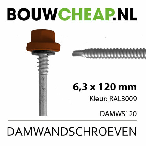 Roestvrij staal schroef met een oranje bevestigingsring, lengte 120 mm, diameter 6,3 mm, met aanduiding RAL3009.