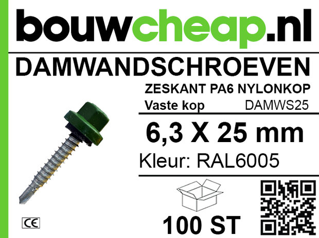Groene schroef met nylonkop, 6,3 x 25 mm, met schroefdraad en stevige kop, verpakt in een doos van 100 stuks.