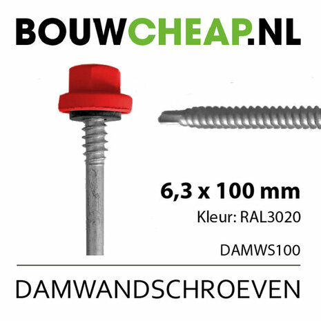 RVS schroef met een lange, zilveren schacht en rode verzinkbare dop. Opdruk met maat en kleurinformatie.