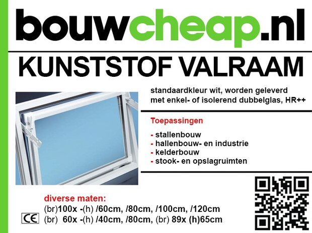 Kunststof valraam in wit met rechte hoeken, isoleer- en dubbelglas, en diverse afmetingen vermeld onderaan.