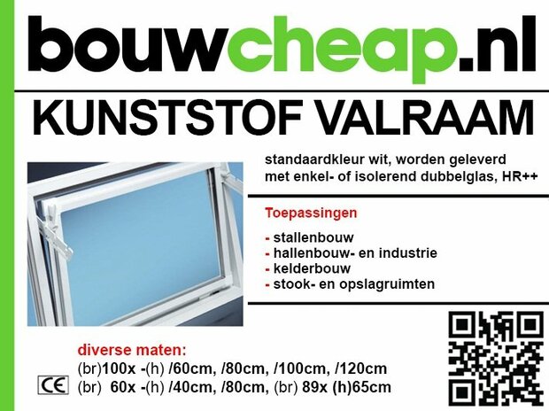 Kunststof valraam in standaardkleur wit met isolerend dubbelglas. Diverse maten beschikbaar voor verschillende toepassingen.