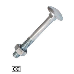 Glanzende, metalen bout met een platte kop en schroefdraad, voorzien van een moer. Merklogo en CE-markering zichtbaar.