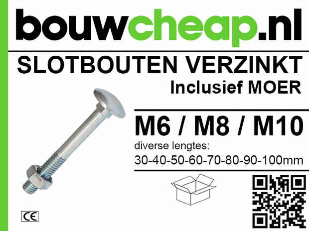 Verzinkte slotbout met moer, verschillende lengtes, aangegeven maten van M6 tot M10. Verpakt met QR-code en logo.