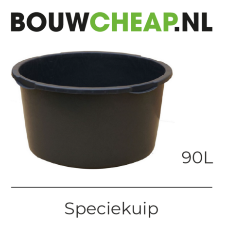 Zwarte kunststof speciekuip van 90 liter met een ronde, brede vorm en stevige rand. Geschikt voor diverse toepassingen.