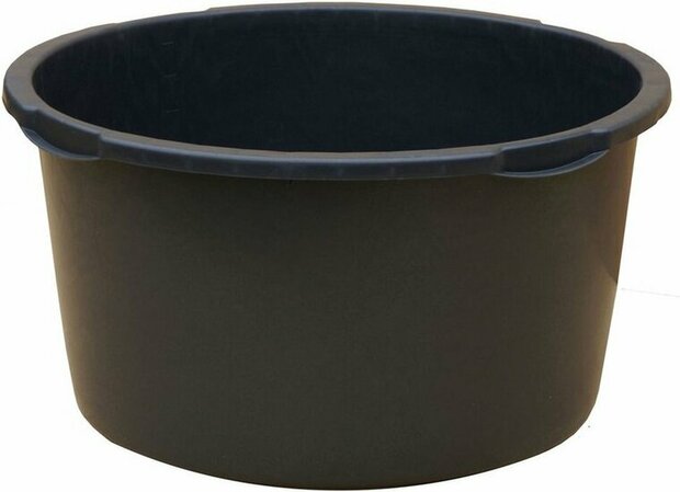 Zwarte plastic emmer met een robuuste rand, geschikt voor verschillende doeleinden. Het ontwerp is eenvoudig en functioneel.