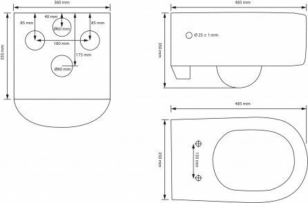 Technische tekening van een toiletpot met afmetingen, weergegeven in zwart-wit met duidelijke lijnen en hoeken.