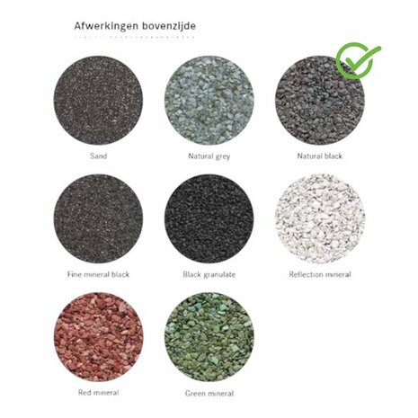 Verschillende mineraalafwerkingen in cirkels, met kleuren zoals zwart, grijs, wit, rood en groen, op een witte achtergrond.
