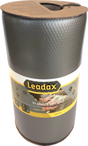 Zwarte rol met een textuur van diamantpatroon en een geel merklabel van Leadax, met tekst over het vervangen van lood.