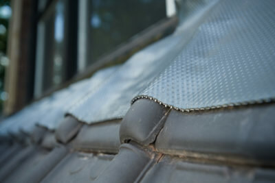 Detailopname van een grijze dakbedekking met een glanzende, metalen rand en een vleugje groen van de omliggende bomen.