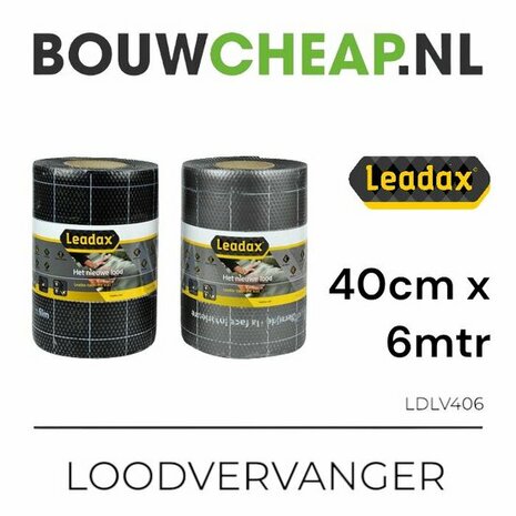 Zwarte en grijze rol loodvervangend materiaal van Leadax, met duidelijke afmetingen en productinformatie op de verpakking.