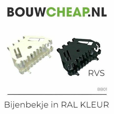 Twee bijenbekjes in RAL-kleur, één wit en één zwart, met een gestructureerd ontwerp en meerdere inkepingen.