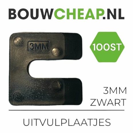 Zwart uitvulplaatje met een dikte van 3 mm, voorzien van de tekst "3MM" en een glanzend oppervlak. 100 stuks beschikbaar.