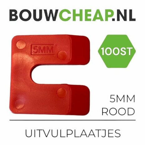 Rood kunststof uitvulplaatje in de vorm van een 'C', gemarkeerd met '5MM' en verpakt in een doos met 100 stuks.