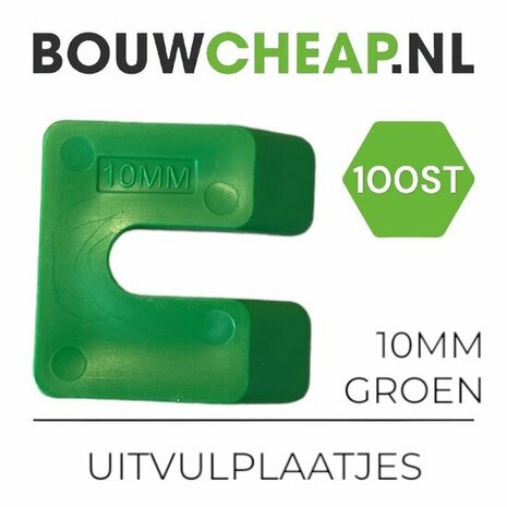 Groene uitvulplaatjes in de vorm van een 'C', met de maat 10 mm, weergegeven in een stapel van 100 stuks.