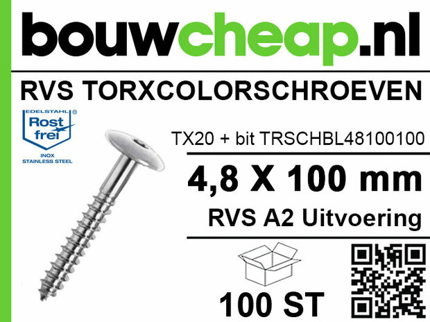 Zilveren RVS torx schroeven met een diameter van 4,8 mm en lengte van 100 mm, verpakt in doos met 100 stuks.
