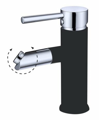 Chromen wastafelkraan met zwarte basis en een hendel. De kraan heeft een trendy, modern design en een draaibare uitloop.
