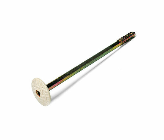 Een lange schroef met een ronde, witte kop en een glanzende, gekleurde schacht. De schroef heeft een schroefdraad over de lengte.