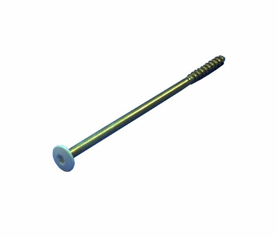 Een lange, metalen schroef met een gouden kleur en een witte, ronde kop. De schroef heeft een schroefdraad aan de achterkant.