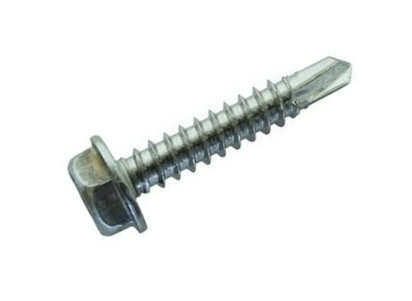 RVS schroef met een scherpe punt, diepe schroefdraad en een vierkante kop in een metalen, glanzende afwerking.