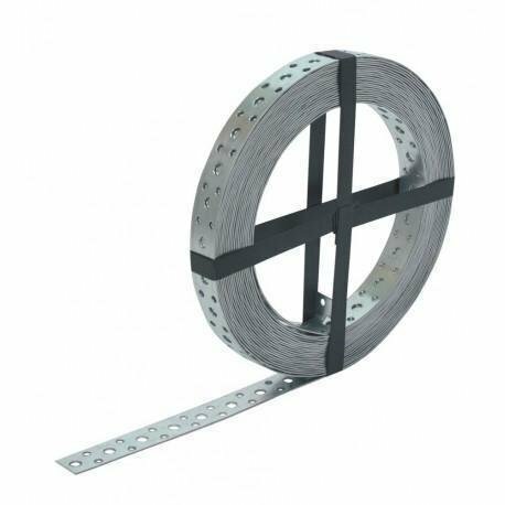 Een ronde rol met gegalvaniseerd staalband, voorzien van gaten en stevig vastgebonden met zwart plastic.