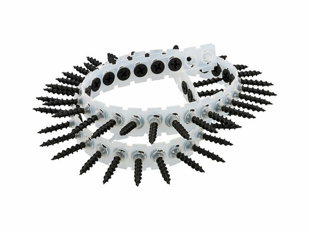 Zwarte schroeven in plastic houder, met scherpe punten en een glanzende afwerking, in een dubbele ringvormige compositie.